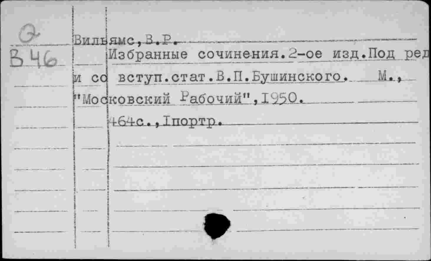 ﻿	Вилъ	
		Избранные сочинения.2-ое изд.Под ре г
	И сс '’Мое	вступ. ст ат. В. П.Бушинского. М., . ковский_ Рабочий".1950._________ 4бЧ-а. ? Тпортр. 			
		
			